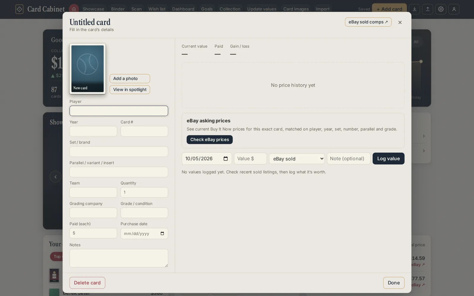 A new card window, with the Player, Year, Card #, Set and other fields
