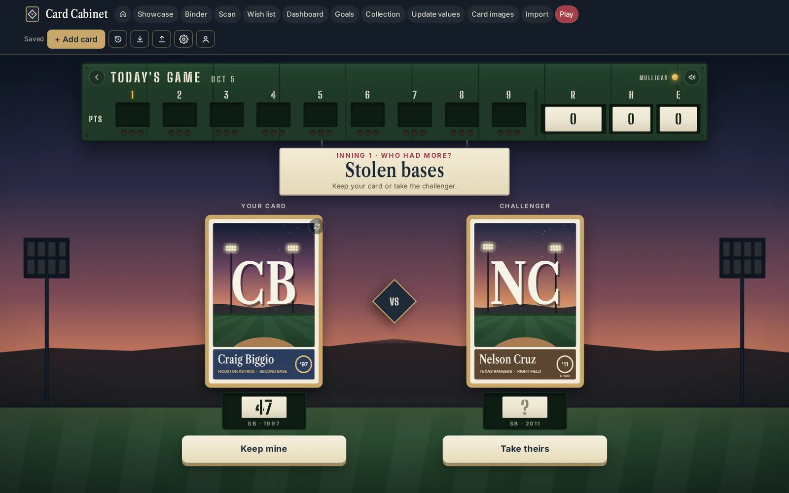 Back of the Card: your card on the left with its number showing, the challenger on the right with its number hidden, and the scoreboard above