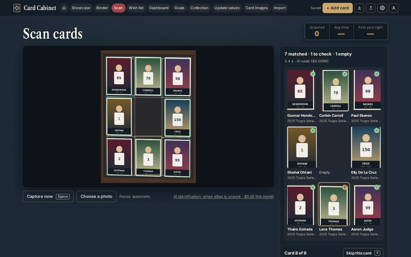 The binder page review on a computer: the photo on the left, a 3 by 3 grid of results and the editor for the selected card