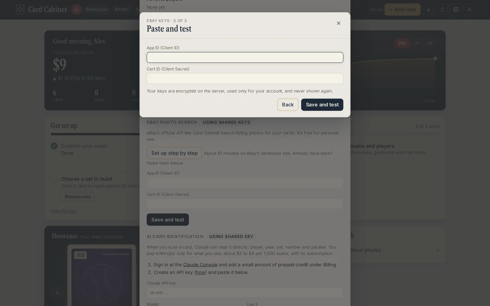 The "Paste and test" step in Card Cabinet, with the App ID and Cert ID fields