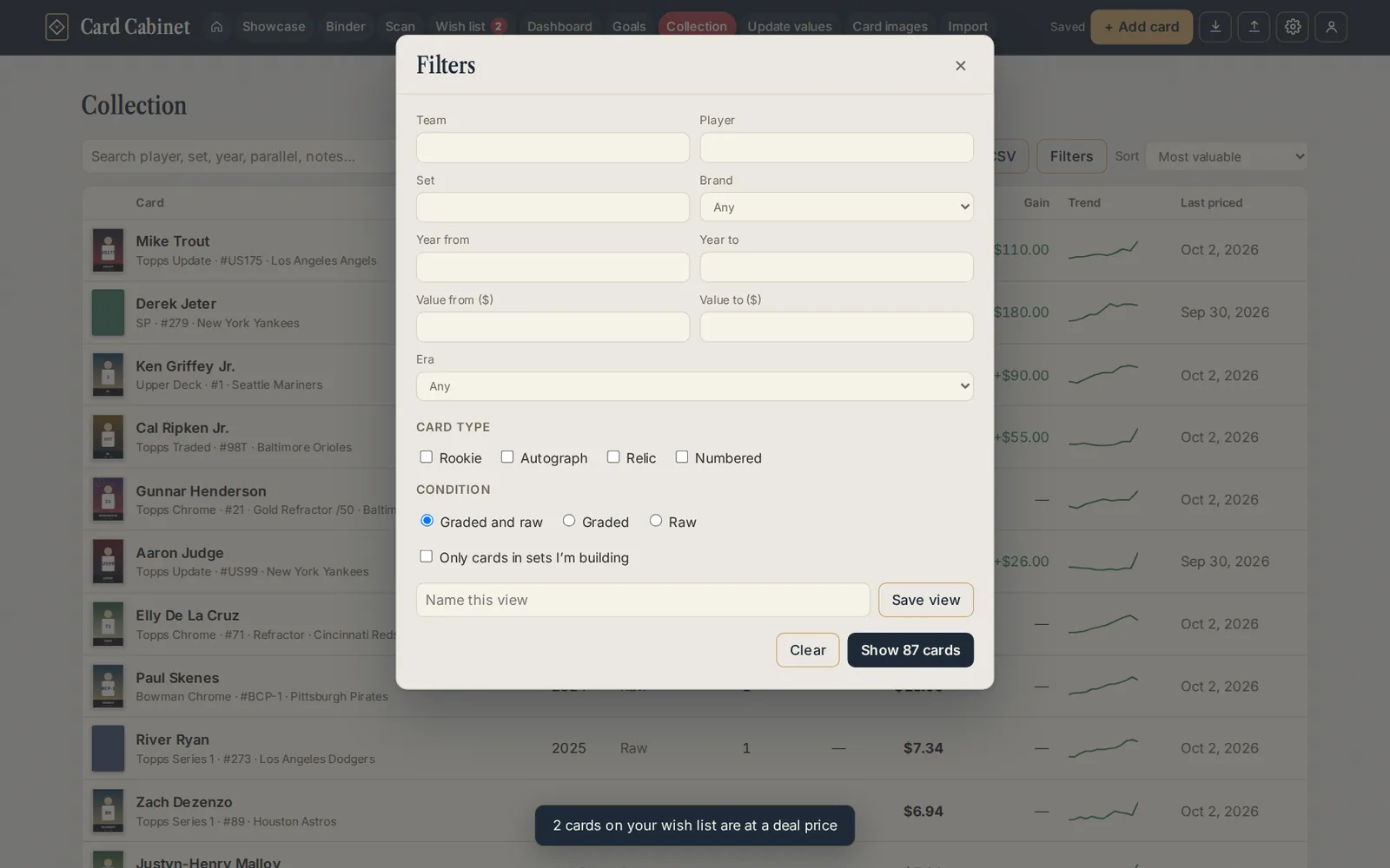 The Filters window with team, player, set, year and value filters and a Save view box