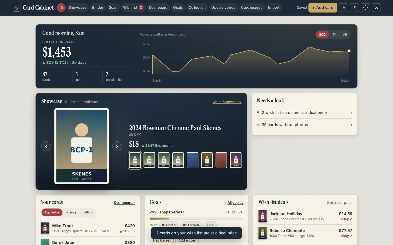 Card Cabinet's Home screen on a computer: collection value with a chart, the Get set up checklist and the Showcase
