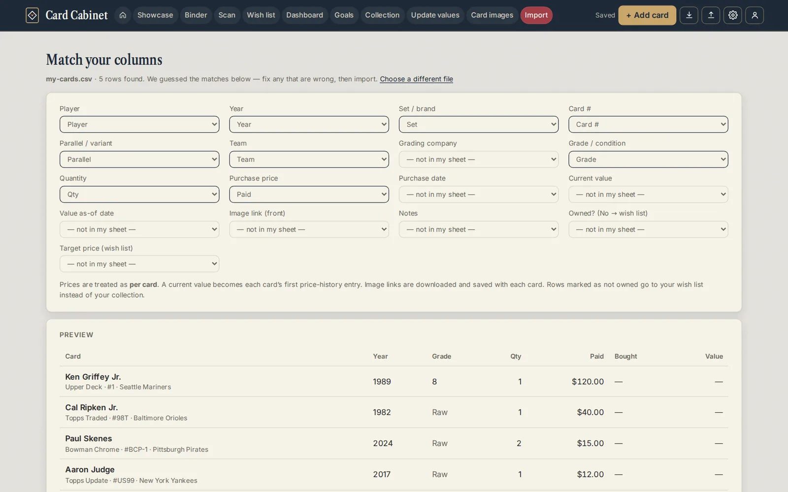 The Match your columns step, with Card Cabinet's fields on the left and the spreadsheet's columns chosen on the right