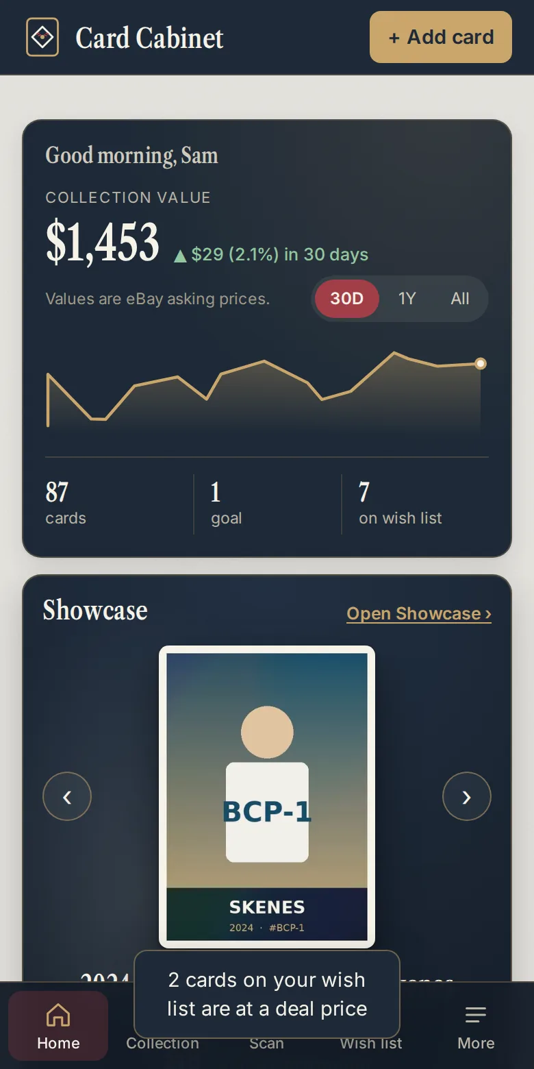 Card Cabinet on a phone: Home, with the tab bar along the bottom