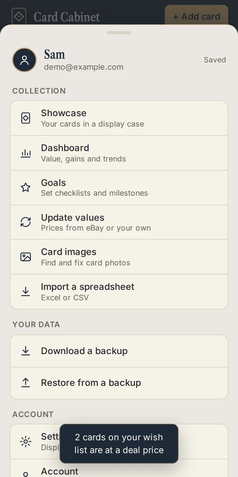 The More sheet on a phone, listing Showcase, Dashboard, Goals, Update values, Card images and Import