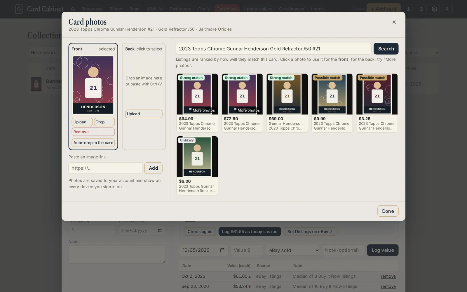 The Card photos window: front and back slots on the left, eBay listing photos to choose from on the right