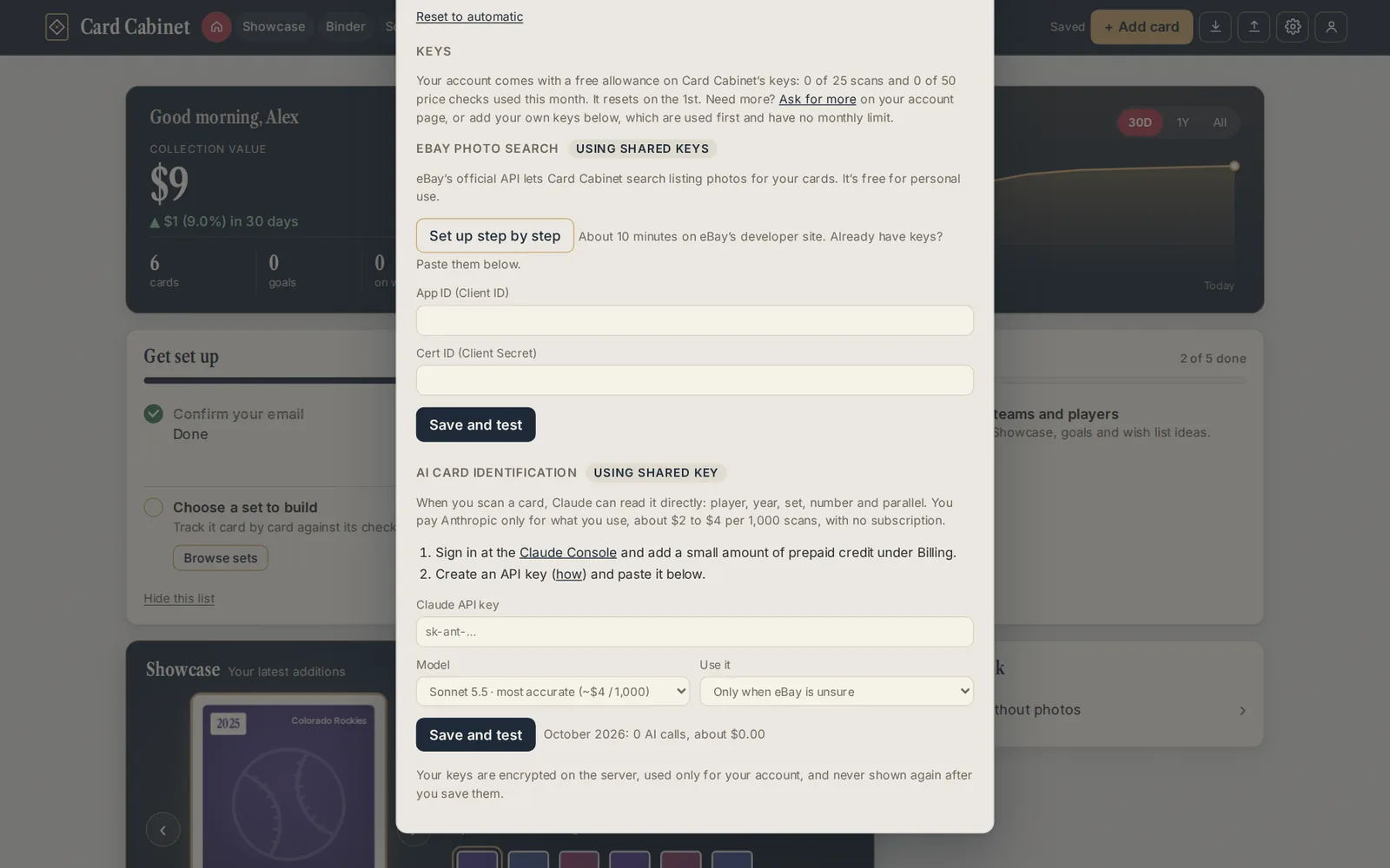 Card Cabinet's Settings window: the free allowance, the eBay fields, and the Claude API key field with the Model and Use it choices