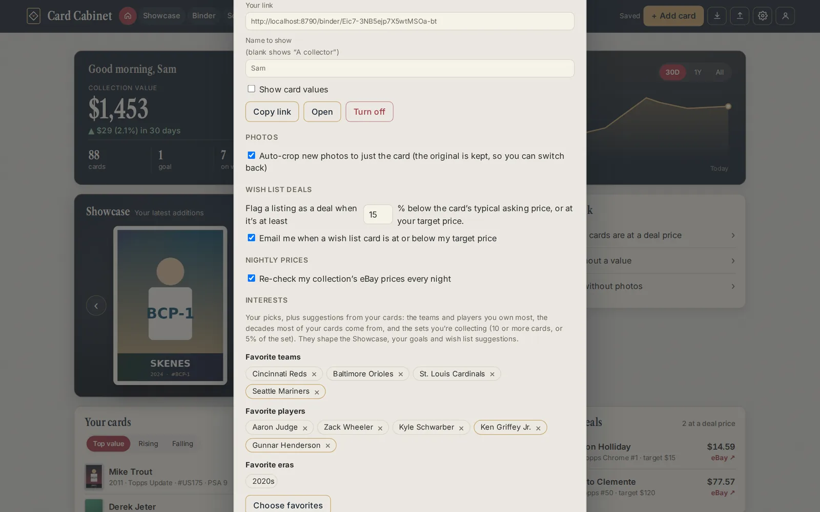 The Share your binder section of Settings, with the link, a name, the Show card values option and Copy link