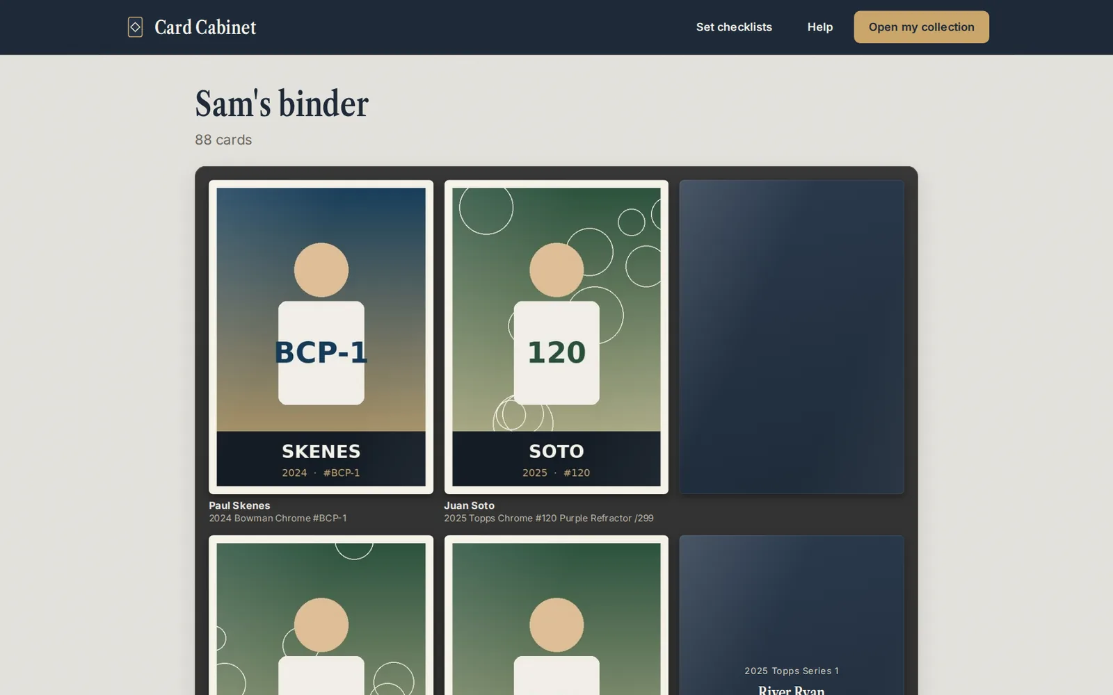 A shared binder page: nine cards in a binder sheet with the collector's name and Previous and Next