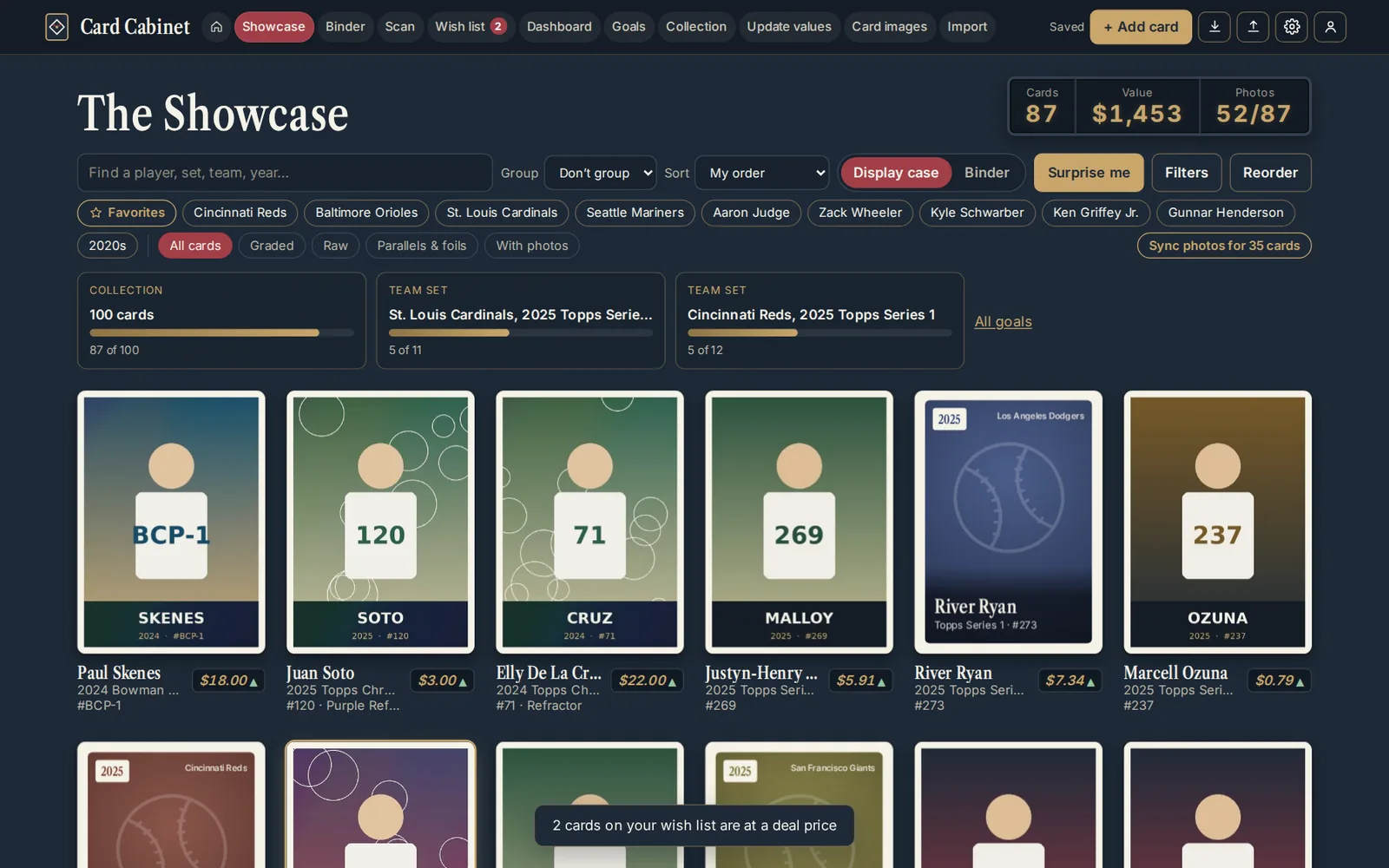 The Showcase: a grid of card photos with search, Group and Sort controls