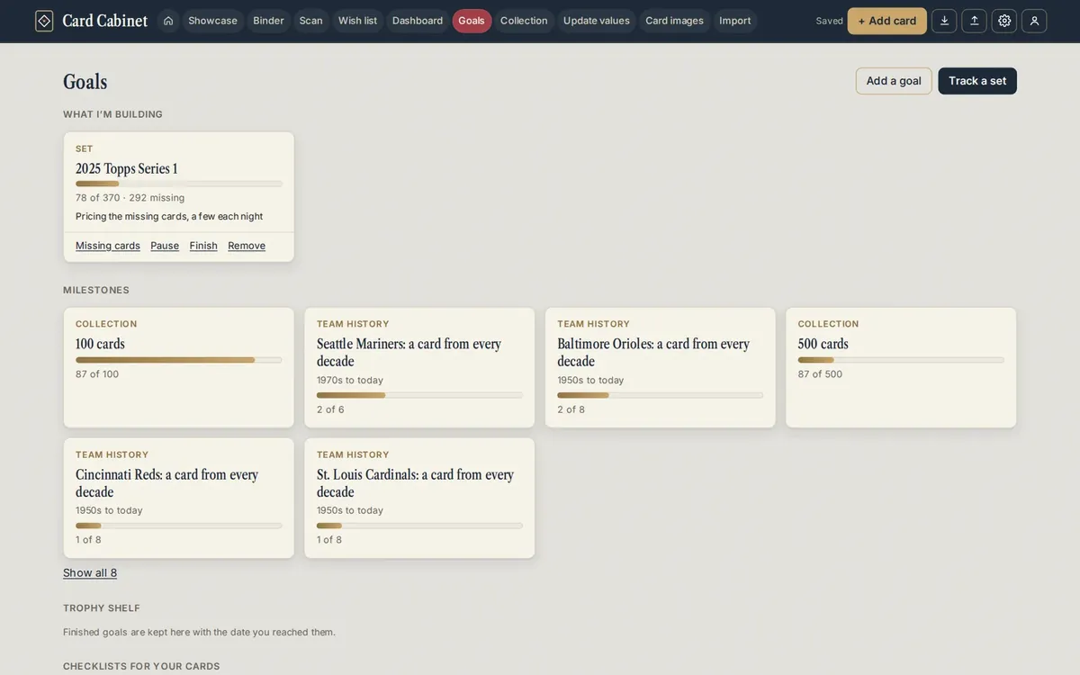 The Goals page with a set in progress and milestones
