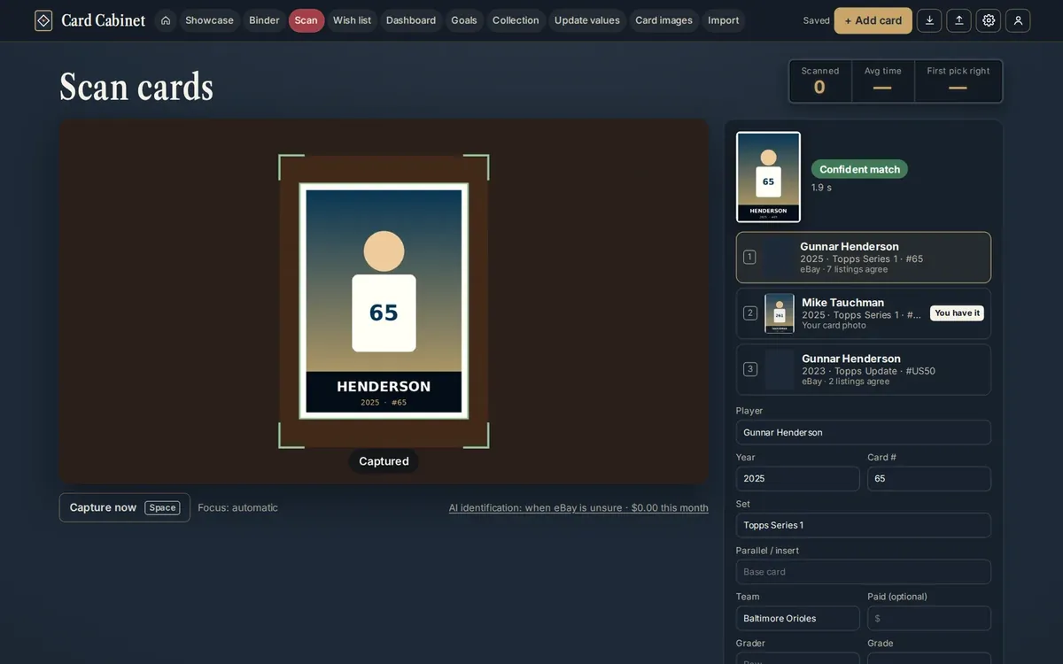 The scanner with a card in front of the camera and its three closest matches
